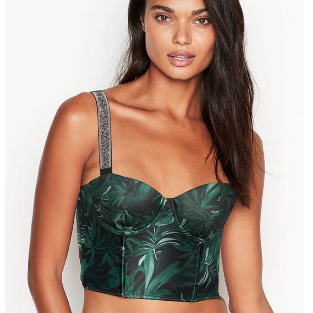 NWT Victoria's Secret Very Sexy Green Black Tropical Bustier‎ Rhinestone Straps